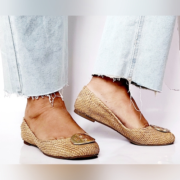 Tory Burch Reva Textured Snake Leather Ballet Flat Shoes Natural Sand US8 - Picture 9 of 16
